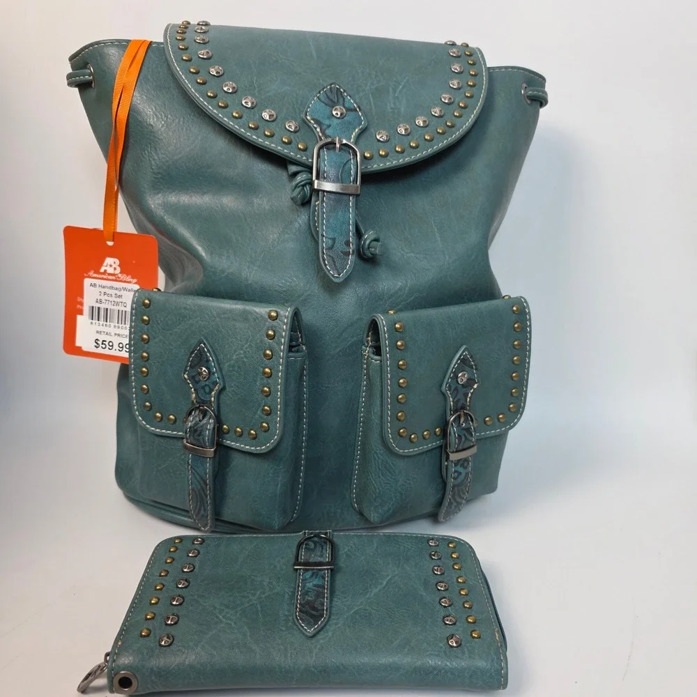 American‎ Bling Teal Blue Western Studded Backpack and Wallet 2 Piece Set NEW